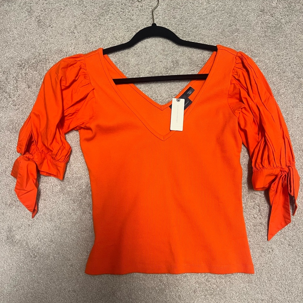 Anthropologie Orange Ruched Tie Front Blouse